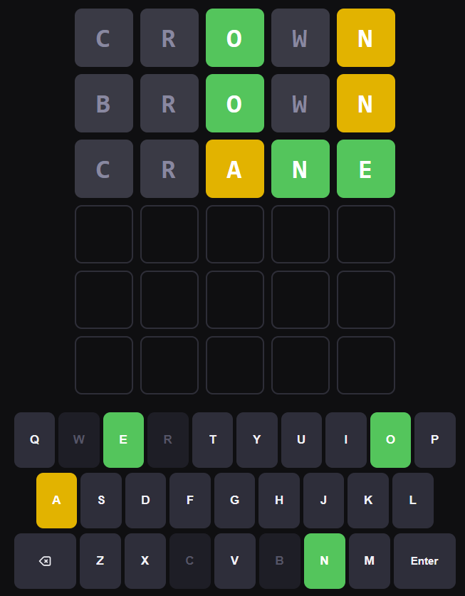Second row being typed using clues from first row