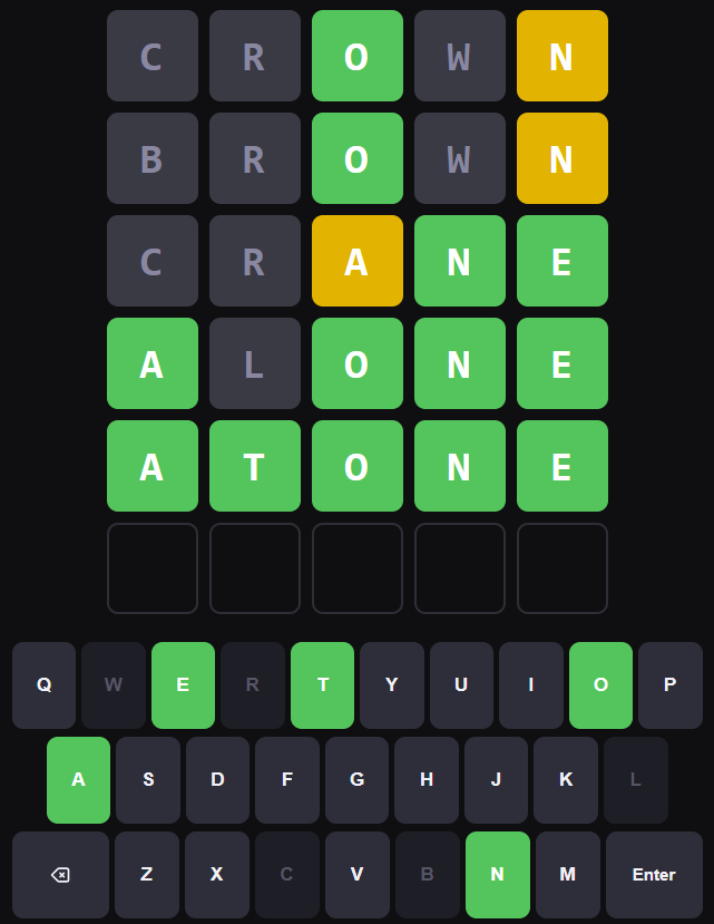 Winning board with all green tiles and share result popup